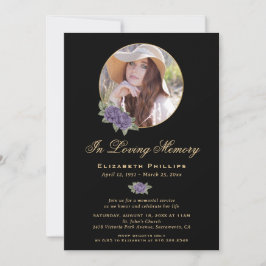 Zwart Goud Paarse Bloemen Memorial Service Foto Kaart