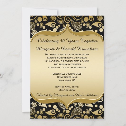 Zwart Goud Paisley Sierlijst 50ste Verjaardag Kaart (Voorkant)