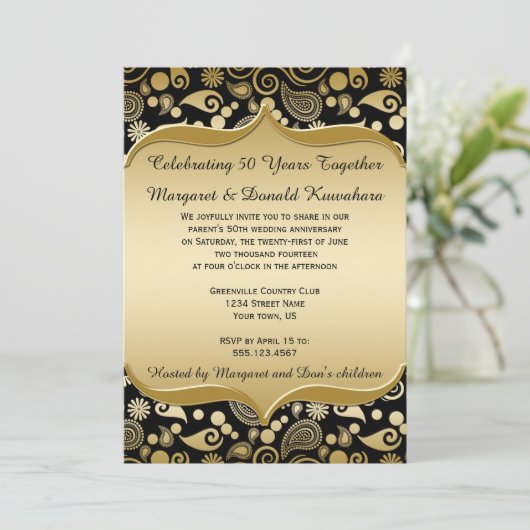 Zwart Goud Paisley Sierlijst 50ste Verjaardag Kaart (Staand voorkant)