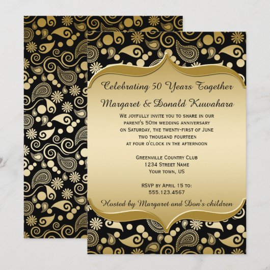 Zwart Goud Paisley Sierlijst 50ste Verjaardag Kaart (Voorkant / Achterkant)