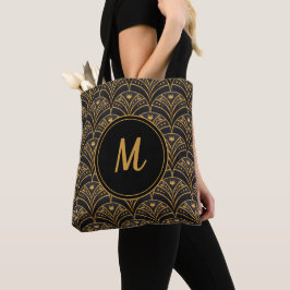 Zwart Goud Patroon Art Deco Monogram Personalisere Tote Bag