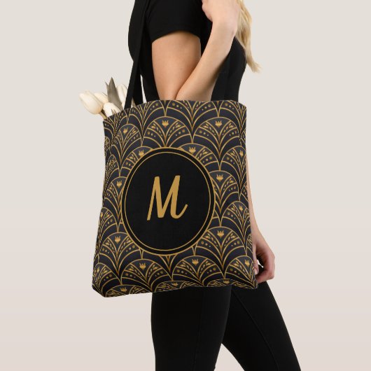 Zwart Goud Patroon Art Deco Monogram Personalisere Tote Bag (Dichtbij)