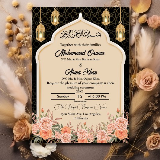 Zwart Goud Perzik Bloemen Moslim Arabisch Bruiloft Kaart