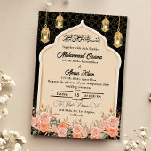 Zwart Goud Perzik Bloemen Moslim Arabisch Bruiloft Kaart