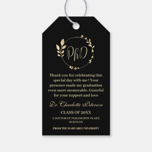 Zwart & Goud PhD Doctoraal Afstuderen Party Favor Cadeaulabel (Voorkant)