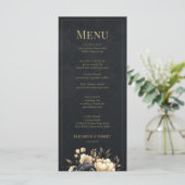 Zwart & Goud Pioen Trouw Menu Kaart (Staand voorkant)