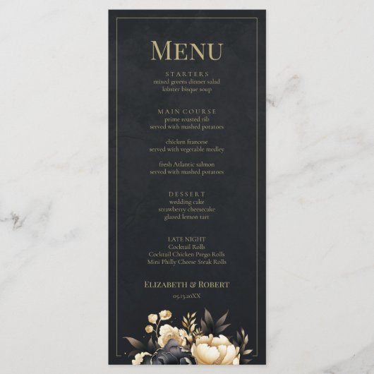 Zwart & Goud Pioen Trouw Menu Kaart (Voorkant)