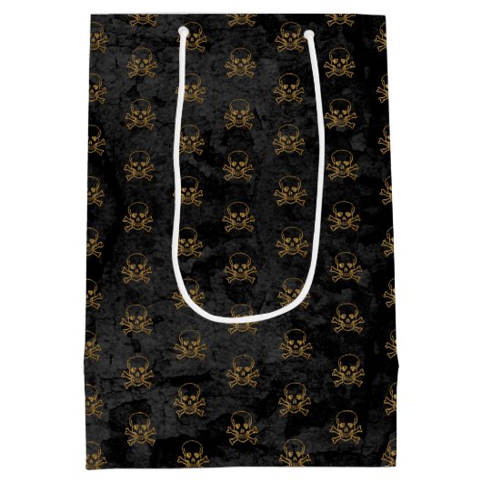 Zwart Goud Piraten Schedel en Botten Patroon Medium Cadeauzakje (Achterkant)
