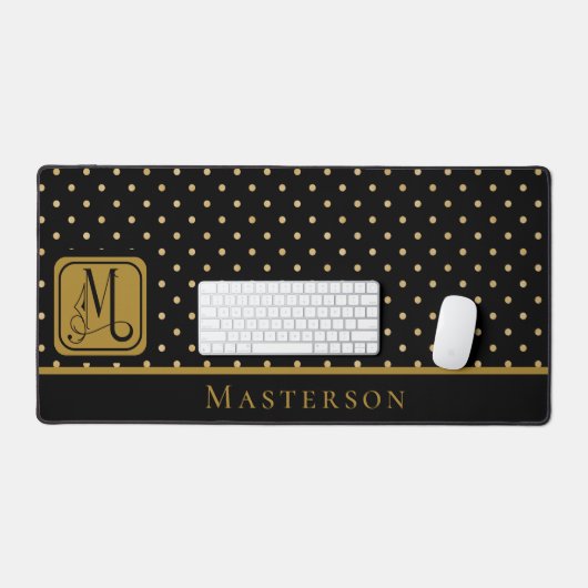 Zwart & Goud Polka Dot Monogram met Achternaam Bureaumat (Keyboard & Muis)