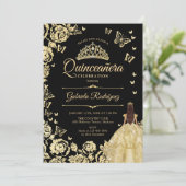 Zwart Goud Prinses Gown Quinceanera Kaart (Staand voorkant)