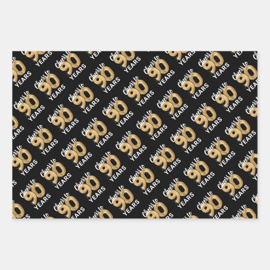 Zwart Goud Proost op 90 Jaar Verjaardag Inpakpapier Vel (Voorkant 2)