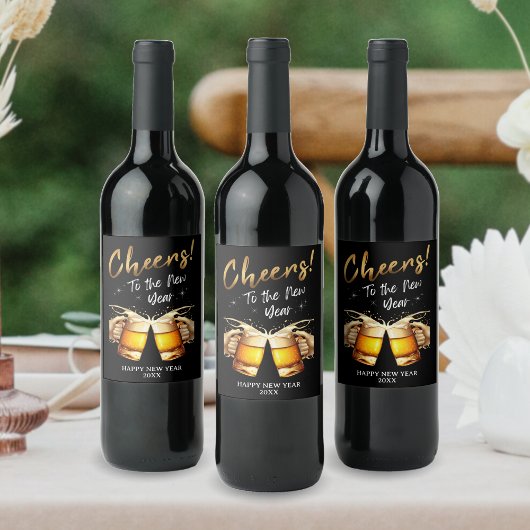 Zwart & Goud Proost op New Years Eve Party 2024 Wijn Etiket