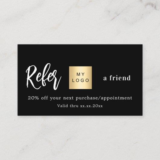 Zwart goud qr code business logo verwijzingskaart kortingskaartje (Voorkant)