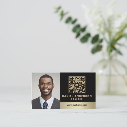 Zwart Goud QR Code Foto Vastgoed Makelaar Visitekaartje (Staand voorkant)