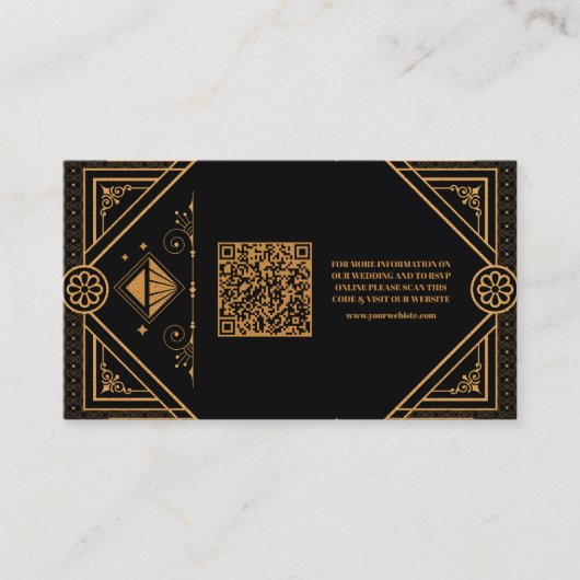 Zwart Goud QR Code Geometrische Art Deco Wedding Informatiekaartje (Voorkant)