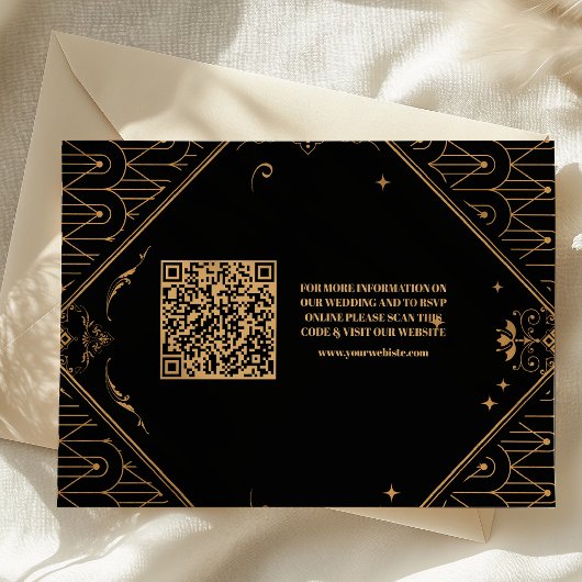 Zwart Goud QR Code Geometrische Art Deco Wedding Informatiekaartje