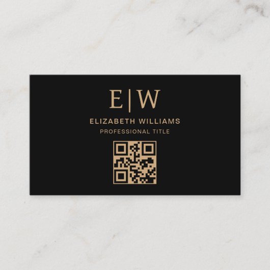 Zwart Goud QR Code Monogram Minimalistisch Visitekaartje (Voorkant)