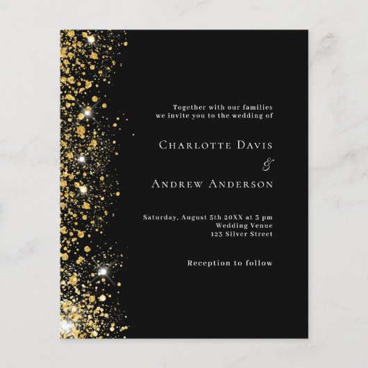 Zwart goud QR code RSVP budget bruiloft uitnodigin (Voorkant)