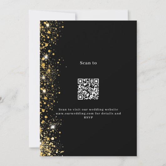 Zwart goud QR code RSVP details bruiloft Kaart (Achterkant)
