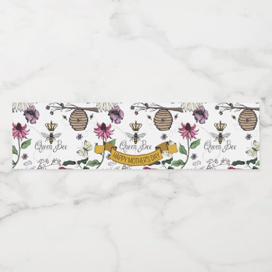 Zwart & Goud Queen Bee, Kroon & Scroll Waterfles Etiket (Enkel label)