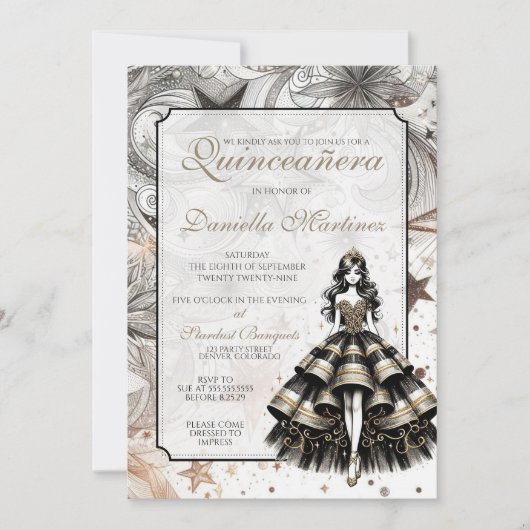 Zwart & Goud Quinceañera Meisje Kaart (Voorkant)
