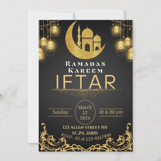 Zwart & Goud Ramadan Iftar Party Kaart (Voorkant)