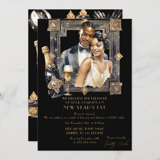 Zwart Goud Retro 1920 Luxe Nieuwjaar Feest Kaart (Voorkant / Achterkant)