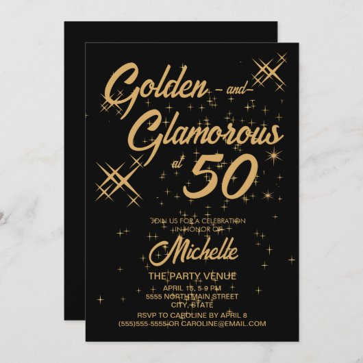 Zwart Goud Retro Gouden Glamoureuze 50ste Verjaard Kaart (Voorkant / Achterkant)