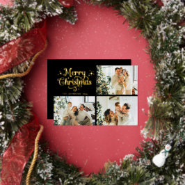 Zwart & Goud Retro Kerst Familie Fotocollage Folie Feestdagenkaart