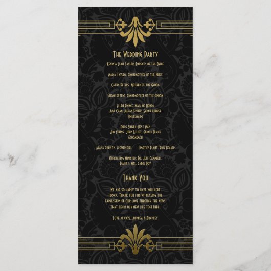 Zwart Goud Roaring 20s Art Deco Trouwprogramma Programmakaart (Achterkant)