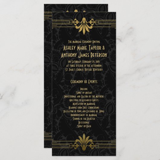 Zwart Goud Roaring 20s Art Deco Trouwprogramma Programmakaart (Voorkant / Achterkant)