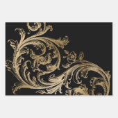 Zwart Goud Rococo Barok Swirl Inpakpapier Vel (Voorkant)