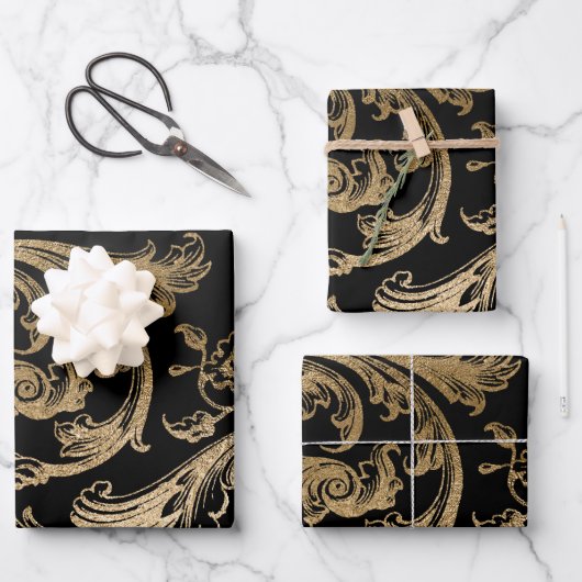Zwart Goud Rococo Barok Swirl Inpakpapier Vel (Voorkant)