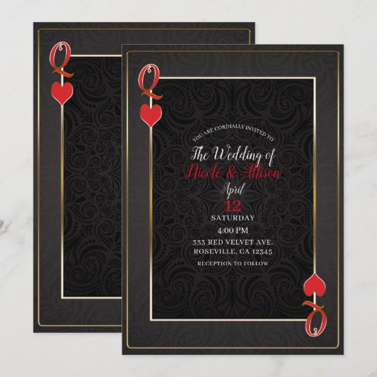 Zwart Goud & Rode Hartendame Elegante Trouwdag Kaart (Voorkant / Achterkant)