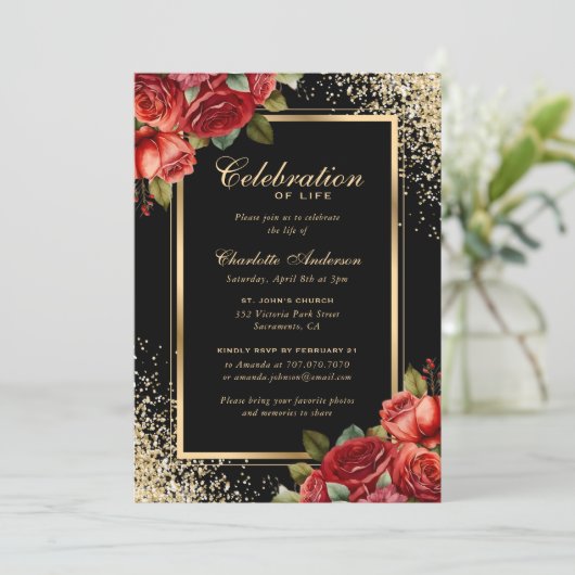 Zwart Goud Rode Rozen Fotoviering van het Leven Kaart (Staand voorkant)