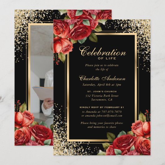 Zwart Goud Rode Rozen Fotoviering van het Leven Kaart (Voorkant / Achterkant)