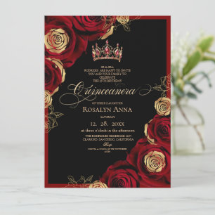 Zwart Goud Rode Rozen Prinses Quinceañera Kaart