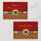 Zwart goud rood damast "tafel nummer" bruiloft plaatskaartje (Voorkant / Achterkant)