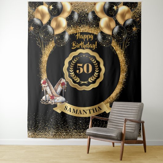Zwart Goud Rood Glitter 50ste Verjaardag Party Sig Wandkleed (In situ)