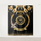 Zwart Goud Rood Glitter 50ste Verjaardag Party Sig Wandkleed (Voorkant)