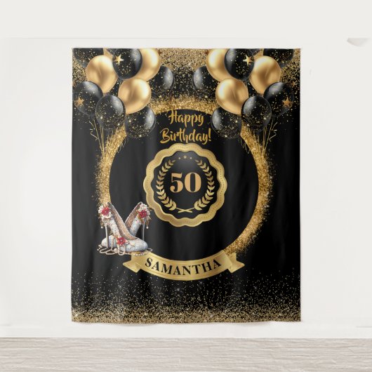 Zwart Goud Rood Glitter 50ste Verjaardag Party Sig Wandkleed (Voorkant)