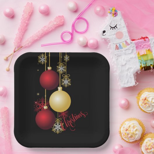 Zwart, Goud & Rood Kerstfeest Papieren Bordje (Feest)