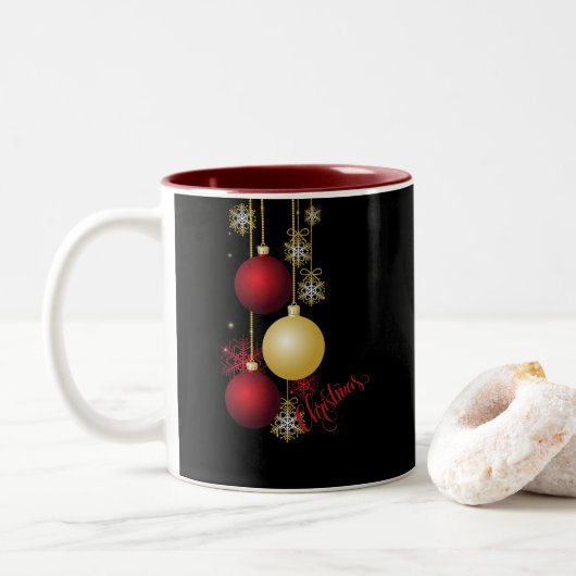 Zwart, Goud & Rood Kerstfeest Tweekleurige Koffiemok (Met donut)