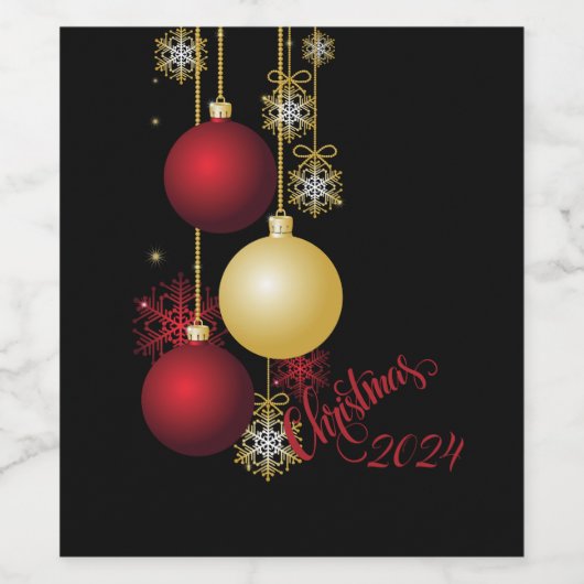 Zwart, Goud & Rood Kerstfeest Wijn Etiket (Enkel label)