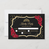 Zwart Goud Rood Quinceanera RSVP Kaartje (Voorkant)
