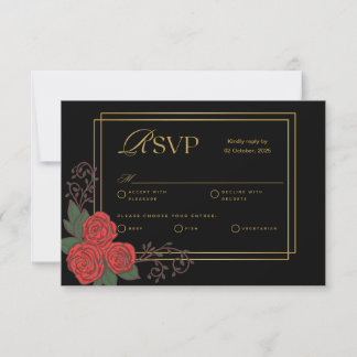 Zwart Goud Rood Rose Bloemen Huwelijk RSVP Kaart Notitiekaartje