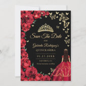 Zwart Goud Rood Rozen Vlinders Quinceanera Save The Date (Voorkant)