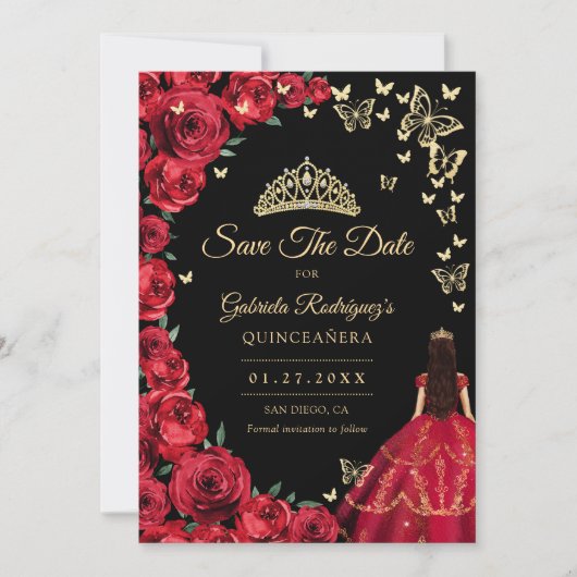 Zwart Goud Rood Rozen Vlinders Quinceanera Save The Date (Voorkant)