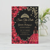 Zwart Goud Rood Rozen Vlinders Quinceanera Save The Date (Staand voorkant)