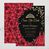 Zwart Goud Rood Rozen Vlinders Quinceanera Save The Date (Voorkant / Achterkant)